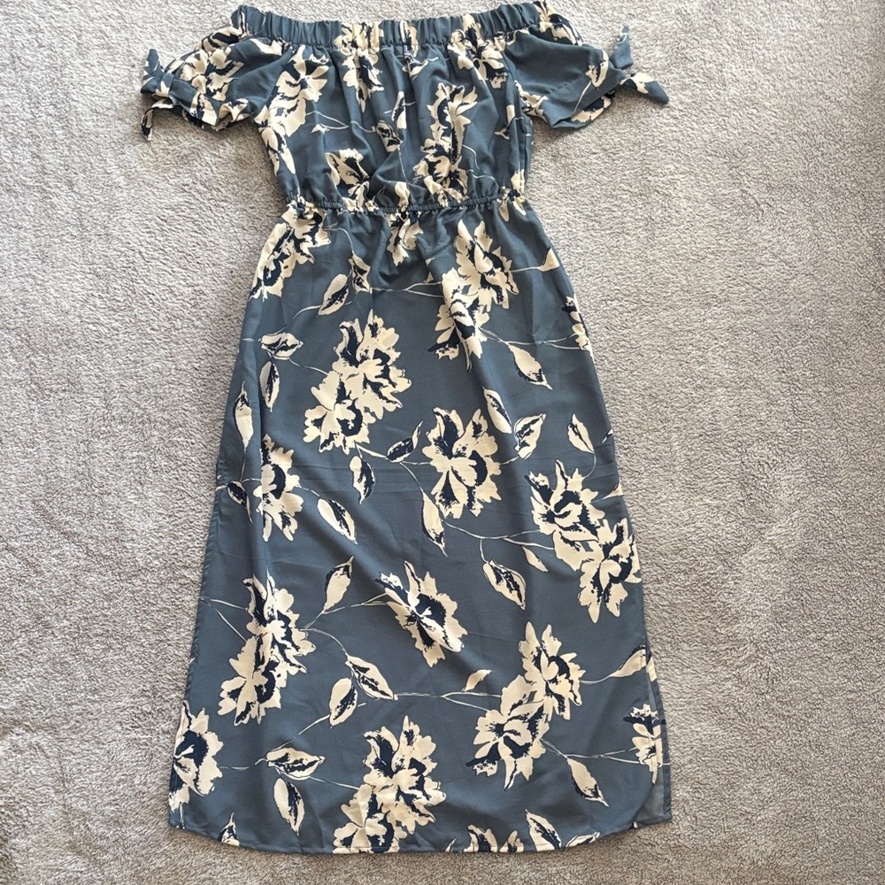 Blush Blue and Cream Floral Midi Dress